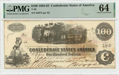 1862-63 $100 Confederate T-40 Note PMG MS64 Uncirculated: 1862-63 $100 Confederate T-40 Note PMG MS64 Uncirculated This uncirculated $100 Confederate States of America note, designated as T-40, is a remarkable historical piece from 1862-63. Certified by PMG