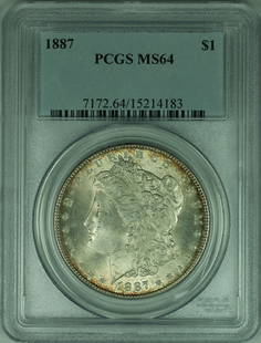 1887 Morgan Silver Dollar Coin PCGS MS64 Uncirculated Silver: 1887 Morgan Silver Dollar Coin PCGS MS64 Uncirculated Silver This 1887 Morgan Silver Dollar Coin is a remarkable piece of numismatic history, featuring a certification from PCGS with a grade of MS 64.