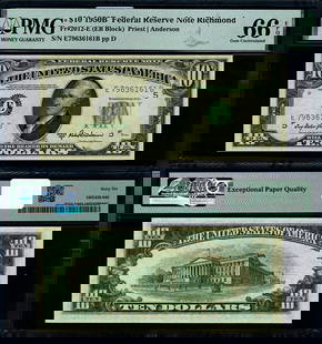 1950-B $10 Federal Reserve Note Richmond PMG CU66 EPQ Gem: 1950-B $10 Federal Reserve Note Richmond PMG CU66 EPQ Gem This is a 1950-B $10 Federal Reserve Note from the Richmond district, graded as CU66 EPQ Gem by PMG. It is in uncirculated condition and featu