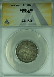 1858 Russia 25 Kopeks Silver Coin ANACS AU 50 Empire Period: 1858 Russia 25 Kopeks Silver Coin ANACS AU 50 Empire Period This 1858 Russia 25 Kopeks silver coin is a remarkable piece from the Empire period (up to 1917). Graded AU 50 by ANACS, this circulated coi