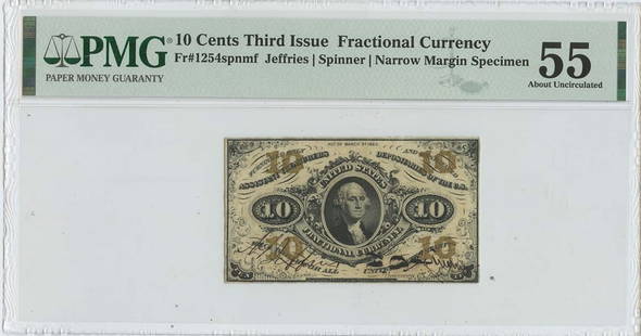 Third Issue 10 Cents Fractional Note Type 1254spnmf PMG AU55: Third Issue 10 Cents Fractional Note Type 1254spnmf PMG AU55 This Third Issue 10 Cents Fractional Note is a collectible piece certified by PMG with a grade of AU55. It is a circulated item, showcasing