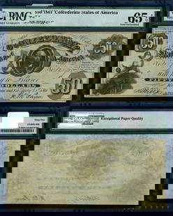 1861 $50 Confederate Note PMG CU65 EPQ with Excellent Signatures: 1861 $50 Confederate Note PMG CU65 EPQ with Excellent Signatures This remarkable 1861 Confederate Note is graded CU65 EPQ by PMG, signifying its gem condition. It features excellent signatures and is