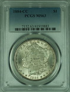 1884-CC Morgan Silver Dollar $1 PCGS MS 63 Uncirculated Coin: 1884-CC Morgan Silver Dollar $1 PCGS MS 63 Uncirculated Coin This stunning 1884-CC Morgan Silver Dollar is a must-have for collectors. Graded MS 63 by PCGS, this coin is in uncirculated condition, sho