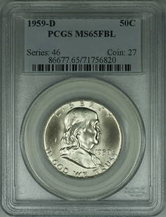 1959-D Franklin Half Dollar 50C PCGS MS-65 Full Bell Lines Silver Coin: 1959-D Franklin Half Dollar 50C PCGS MS-65 Full Bell Lines Silver Coin This 1959-D Franklin Silver Half Dollar is a stunning example of numismatic excellence, graded MS-65 with Full Bell Lines. Struck