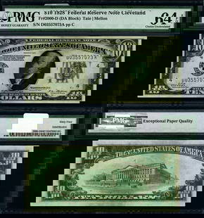 1928 $10 Cleveland Federal Reserve Note PMG CU64 EPQ: 1928 $10 Cleveland Federal Reserve Note PMG CU64 EPQ This 1928 Federal Reserve Note from Cleveland features a denomination of $10 and is graded as CU64 EPQ Choice by PMG, indicating its excellent unci