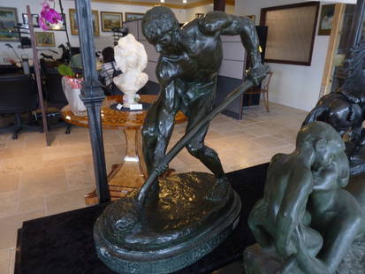 Alfred Boucher Le Terrassier Bronze Statue 22in 1920 Barbedienne Foundry: Alfred Boucher Le Terrassier Bronze Statue 22in 1920 Barbedienne Foundry This exquisite bronze statue titled 'Le Terrassier' by Alfred Boucher showcases masterful artistry from 1920. Crafted in patina