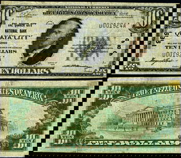 1929 T-1 $10 National Bank Note Quaker City Ohio VF: 1929 T-1 $10 National Bank Note Quaker City Ohio VF This is a $10 National Bank Note from Quaker City, Ohio, issued in 1929 (Type T-1). The note is in Very Fine (VF) condition and has been circulated.