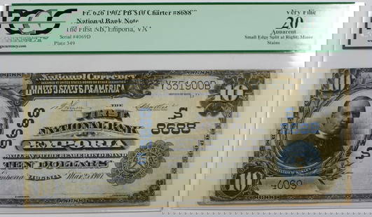 1902 Ten Dollar First National Bank Note Emporia VA PCGS VF-20: 1902 Ten Dollar First National Bank Note Emporia VA PCGS VF-20 This 1902 Ten Dollar banknote from the First National Bank of Emporia, Virginia is a notable collectible. Graded by PCGS Currency as VF-2