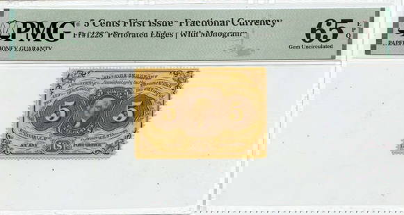 First Issue 5 Cents Fractional Note Type 1228 PMG Gem 65 EPQ: First Issue 5 Cents Fractional Note Type 1228 PMG Gem 65 EPQ This is a First Issue 5 Cents Fractional Note, designated as Type 1228. It has been graded as Uncirculated with a PMG certification of Gem