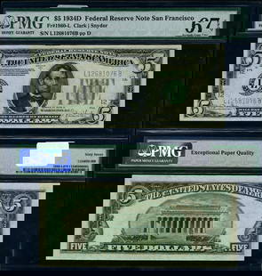 1934-D $5 Federal Reserve Note San Francisco L-B Block PMG 67 EPQ: 1934-D $5 Federal Reserve Note San Francisco L-B Block PMG 67 EPQ This is a stunning uncirculated 1934-D $5 Federal Reserve Note from the San Francisco L-B Block, graded as a Superb Gem by PMG with a