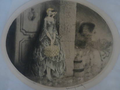 Louis Icart Art Deco Lithograph Leaving Home 20.5x17 Signed 1929: Louis Icart Art Deco Lithograph Leaving Home 20.5x17 Signed 1929 "Leaving Home" is a stunning lithograph by renowned French artist Louis Icart, created circa 1929. This Art Deco print features an oval