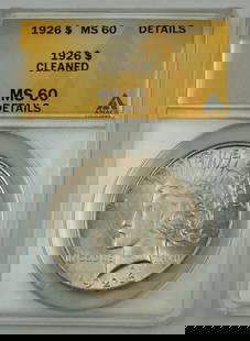 1926 Peace Silver Dollar Coin ANACS MS 60 Details Uncirculated: 1926 Peace Silver Dollar Coin ANACS MS 60 Details Uncirculated This 1926 Peace Silver Dollar Coin is a remarkable piece of numismatic history. Certified by ANACS with a grade of MS 60 Details, this un