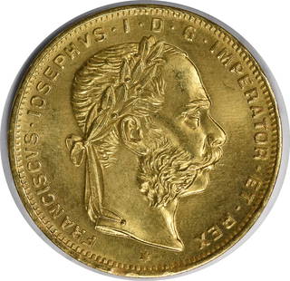 1892 Austria 8 Florins Gold Coin KM2269 Uncertified: 1892 Austria 8 Florins Gold Coin KM2269 Uncertified This stunning 1892 Restrike Austria 8 Florins is composed of gold and showcases remarkable craftsmanship. With a designation of 'Uncirculated', it r