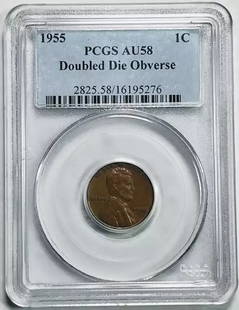 1955 P Lincoln Penny Doubled Die Obverse PCGS AU-58 BN: 1955 P Lincoln Penny Doubled Die Obverse PCGS AU-58 BN This 1955 P Small Cents Lincoln Penny features a Doubled Die Obverse and is certified by PCGS with a grade of AU-58. The coin is made of copper a
