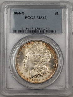 1884-O Morgan Silver Dollar PCGS MS-63 Lightly Toned Coin: 1884-O Morgan Silver Dollar PCGS MS-63 Lightly Toned Coin This 1884-O Morgan Silver Dollar is a highly sought-after coin, certified by PCGS with a grade of MS-63. Struck at the New Orleans Mint, this