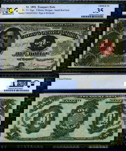 1891 $1 Treasury Note Graded VF35 by PCGS: 1891 $1 Treasury Note Graded VF35 by PCGS This 1891 Treasury Note, graded VF35 by PCGS, showcases a choice condition that indicates a well-preserved circulated note. The $1 denomination highlights the