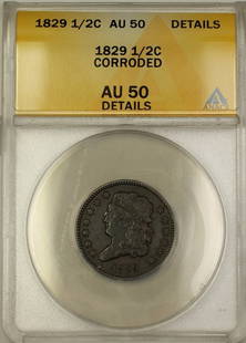 1829 Classic Head Half Cent AU 50 ANACS Copper Coin: 1829 Classic Head Half Cent AU 50 ANACS Copper Coin This 1829 Classic Head Half Cent is a noteworthy addition for numismatic enthusiasts. Graded AU 50 Details by ANACS, this coin is composed of copper