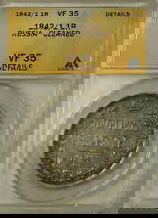 1842/1 Russia Silver 1 Rouble Coin ANACS VF-35 Details: 1842/1 Russia Silver 1 Rouble Coin ANACS VF-35 Details This 1842/1 Russia 1 Rouble Silver Coin is certified by ANACS and graded as VF-35 Details, indicating it has been cleaned. The coin is circulated