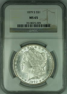 1879-S Morgan Silver Dollar Coin NGC MS-65 Uncirculated: 1879-S Morgan Silver Dollar Coin NGC MS-65 Uncirculated This 1879-S Morgan Silver Dollar is a stunning example of American coinage. Graded as MS-65 by NGC, this uncirculated coin showcases exceptional