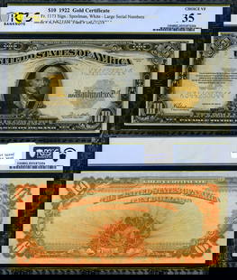 1922 $10 Gold Certificate PCGS Choice VF35 Certified: 1922 $10 Gold Certificate PCGS Choice VF35 Certified This 1922 $10 Gold Certificate is a remarkable piece for collectors, graded as Choice VF35 by PCGS. It displays signs of circulation, adding to its