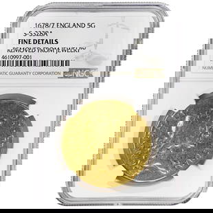 Rare 1678/7 England 5 Guineas Charles II NGC Fine Details Coin: Rare 1678/7 England 5 Guineas Charles II NGC Fine Details Coin This rare 1678/7 England 5 Guineas coin features Charles II and is graded as Fine Details by NGC. The coin has been circulated and is com