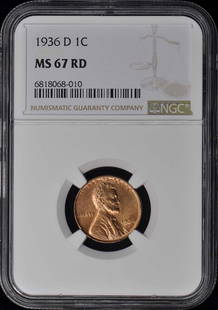 1936-D Lincoln Cent NGC MS67RD Uncirculated Red Coin: 1936-D Lincoln Cent NGC MS67RD Uncirculated Red Coin This listing features a 1936-D Wheat Reverse Lincoln Cent, certified by NGC with a grade of MS67RD, indicating it is in uncirculated condition. The