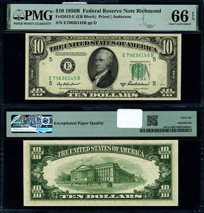 1950-B $10 Federal Reserve Note Richmond PMG CU66 EPQ Gem: 1950-B $10 Federal Reserve Note Richmond PMG CU66 EPQ Gem This 1950-B $10 Federal Reserve Note from the Richmond district is graded as CU66 EPQ Gem by PMG, ensuring its exceptional quality. This uncir