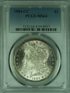 1884-CC Morgan Silver Dollar PCGS MS-64 Uncirculated Coin: 1884-CC Morgan Silver Dollar PCGS MS-64 Uncirculated Coin This 1884-CC Morgan Silver Dollar is a remarkable piece, certified by PCGS with a grade of MS-64, indicating its exceptional uncirculated cond