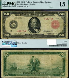 Rare 1914 $50 Boston Federal Reserve Note PMG Fine 15 Choice Red Seal: Rare 1914 $50 Boston Federal Reserve Note PMG Fine 15 Choice Red Seal This rare 1914 Federal Reserve Note features a denomination of $50 and is certified by PMG with a grade of Fine 15 Choice. The not