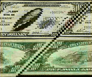 1929 T-1 $10 National Bank Note Morrow Ohio VF+: 1929 T-1 $10 National Bank Note Morrow Ohio VF+ This 1929 T-1 National Bank Note from Morrow, Ohio, is a rare piece of currency history. Graded as VF+ (Very Fine Plus), it showcases the characteristic