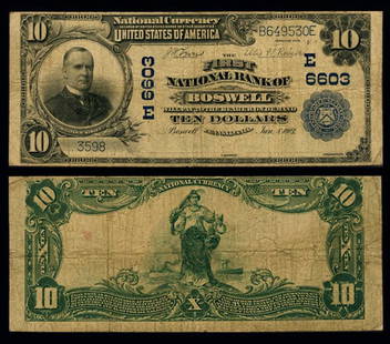 1902 $10 National Bank Note First NB Boswell PA Fine Grade: 1902 $10 National Bank Note First NB Boswell PA Fine Grade This $10 National Bank Note from 1902, issued by the First National Bank of Boswell, Pennsylvania, is a notable collectible for currency enth