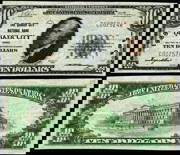 1929 T-1 $10 National Bank Note Quaker City Ohio VF+: 1929 T-1 $10 National Bank Note Quaker City Ohio VF+ This $10 National Bank Note from Quaker City, Ohio, dates back to 1929 and is classified as T-1. It features a grade of VF+ (Very Fine Plus), indic