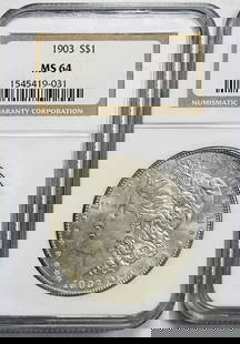 1903 Morgan Silver Dollar NGC MS 64 Uncirculated Coin: 1903 Morgan Silver Dollar NGC MS 64 Uncirculated Coin This 1903 Morgan Silver Dollar is certified by NGC and graded as MS 64, indicating it is in uncirculated condition. This coin features a timeless