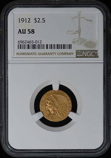 1912 Indian Head Gold $2.50 NGC AU58 Coin: 1912 Indian Head Gold $2.50 NGC AU58 Coin This 1912 Indian Gold $2.50 coin is graded AU58 by NGC, indicating it is in a well-preserved circulated condition. Minted in Philadelphia, this coin features