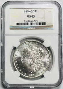 1890 O Morgan Silver Dollar NGC MS 63 Uncirculated: 1890 O Morgan Silver Dollar NGC MS 63 Uncirculated This 1890 O Morgan Silver Dollar is graded MS 63 by NGC, ensuring its uncirculated condition and high quality. Minted in New Orleans, this coin showc