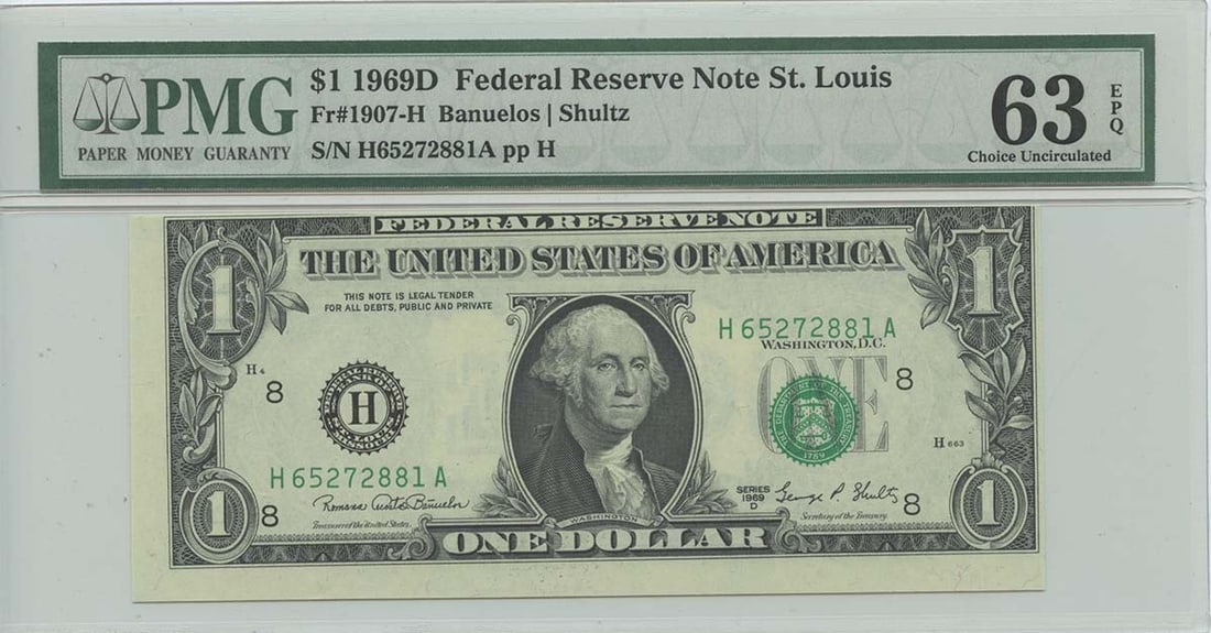 1969D $1 Federal Reserve Note FR#1907-H PMG 63 Unc EPQ Error: 1969D $1 Federal Reserve Note FR#1907-H PMG 63 Unc EPQ Error This is a 1969D $1 Federal Reserve Note from St. Louis, designated as FR#1907-H and graded PMG 63 CH Unc EPQ. The note is in uncirculated c