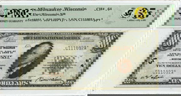 1929 $10 First Wisconsin National Bank Milwaukee PMG VF25 EPQ: 1929 $10 First Wisconsin National Bank Milwaukee PMG VF25 EPQ This is a 1929 $10 note from the First Wisconsin National Bank of Milwaukee, certified by PMG with a grade of VF25. The note is classified