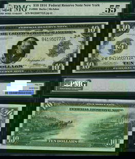 1914 $10 Federal Reserve Note New York PMG AU55 Certified: 1914 $10 Federal Reserve Note New York PMG AU55 Certified This 1914 Federal Reserve Note from the New York district is a notable collectible for currency enthusiasts. Graded AU55 by PMG, it features a