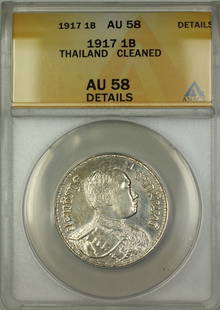 1917 Thailand 1 Baht Silver Coin ANACS AU 58 Circulated: 1917 Thailand 1 Baht Silver Coin ANACS AU 58 Circulated This 1917 Thailand 1 Baht silver coin is certified by ANACS with a grade of AU 58 Details. The coin features a composition of silver and is clas