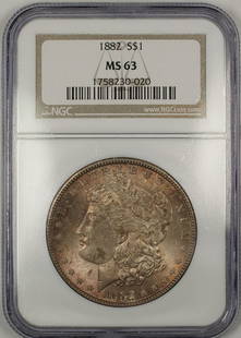 1882 Morgan Silver Dollar NGC MS-63 Toned Coin: 1882 Morgan Silver Dollar NGC MS-63 Toned Coin This 1882 Morgan Silver Dollar coin is graded MS 63 by NGC, ensuring its high quality and uncirculated condition. Minted in Philadelphia, this coin is co