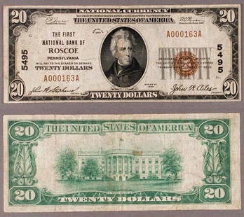 1929 T-1 $20 National Bank Note Roscoe PA First NB Very Fine: 1929 T-1 $20 National Bank Note Roscoe PA First NB Very Fine This $20 National Bank Note from 1929, designated T-1, is a collectible piece from the First National Bank of Roscoe, PA. Graded as Very Fi