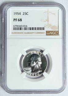 1954 P Washington Quarter NGC PF-68 Uncirculated Proof Silver Coin: 1954 P Washington Quarter NGC PF-68 Uncirculated Proof Silver Coin This exquisite 1954 P Washington Quarter is graded NGC PF-68, indicating its pristine condition as an uncirculated proof coin. Struck