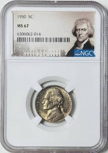 1950 P Jefferson Nickel NGC MS 67 Uncirculated Philadelphia Mint: 1950 P Jefferson Nickel NGC MS 67 Uncirculated Philadelphia Mint This 1950 P Nickel Jefferson is a remarkable piece, certified by NGC with a high grade of MS 67, indicating its uncirculated condition.