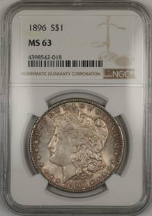 1896 Morgan Silver Dollar NGC MS 63 Uncirculated Silver Coin: 1896 Morgan Silver Dollar NGC MS 63 Uncirculated Silver Coin This 1896 Morgan Silver Dollar is a stunning piece of numismatic history, graded MS 63 by NGC. With its uncirculated condition, this coin s