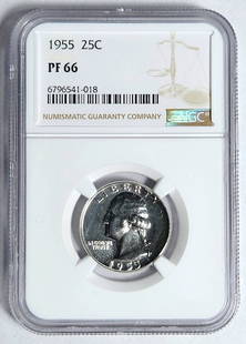 1955 P Washington Quarter Silver NGC PF 66 Proof Uncirculated: 1955 P Washington Quarter Silver NGC PF 66 Proof Uncirculated This 1955 P Washington Quarter is a certified uncirculated coin graded PF 66 by NGC, showcasing its exceptional proof quality. Minted in P