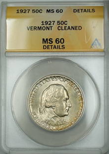1927 Vermont Commemorative Silver Half Coin ANACS MS-60 Uncirculated: 1927 Vermont Commemorative Silver Half Coin ANACS MS-60 Uncirculated This 1927 Vermont Commemorative Silver Half 50c Coin, certified by ANACS with a grade of MS-60 Details, is a remarkable piece for c