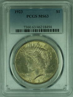 1923 Peace Silver Dollar MS-63 PCGS Uncirculated Coin: 1923 Peace Silver Dollar MS-63 PCGS Uncirculated Coin This stunning 1923 Peace Silver Dollar, graded as MS-63 by PCGS, showcases the remarkable beauty and craftsmanship of the era. The coin is uncircu