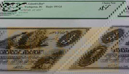 1852 Columbia Bank $3 Uncirculated Obsolete Currency PCGS 63 Washington DC: 1852 Columbia Bank $3 Uncirculated Obsolete Currency PCGS 63 Washington DC This 1852 Columbia Bank $3 obsolete currency note is a remarkable collectible from Washington, DC. Graded as Uncirculated by