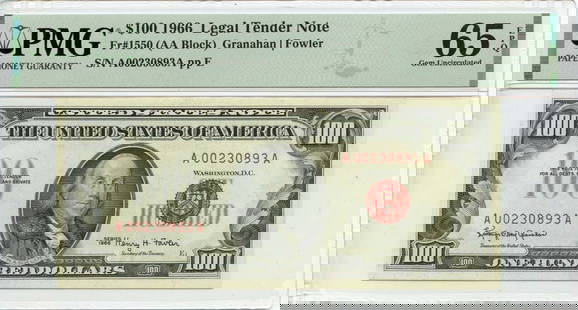 1966 $100 Legal Tender Note Red Seal PMG Gem 65 EPQ: 1966 $100 Legal Tender Note Red Seal PMG Gem 65 EPQ This 1966 $100 Legal Tender Note features a striking red seal and is graded PMG Gem 65 EPQ, indicating it is in uncirculated condition. A remarkable