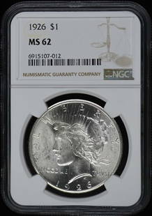 1926 NGC MS62 Uncirculated Peace Dollar Philadelphia Mint: 1926 NGC MS62 Uncirculated Peace Dollar Philadelphia Mint This 1926 Peace Dollar, graded MS62 by NGC, showcases a remarkable uncirculated condition, reflecting its pristine quality. Minted in
